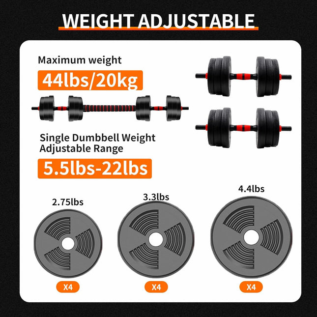 5–44 lbs Adjustable Dumbbell & Barbell Set – Anti-Slip Grip, Versatile Home Gym Strength Training