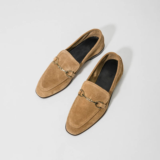 Women’s Cow Suede Slip-On Loafers – Comfortable Flats with Metal Accent for Casual & Office Wear
