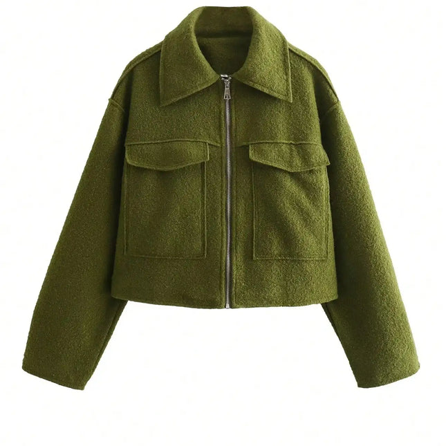 TRAFZA Women Elegant Solid Jacket Front Pocket Long Sleeve Zipper Jackets Coat For Woman Fashion Autumn Casual Outerwear