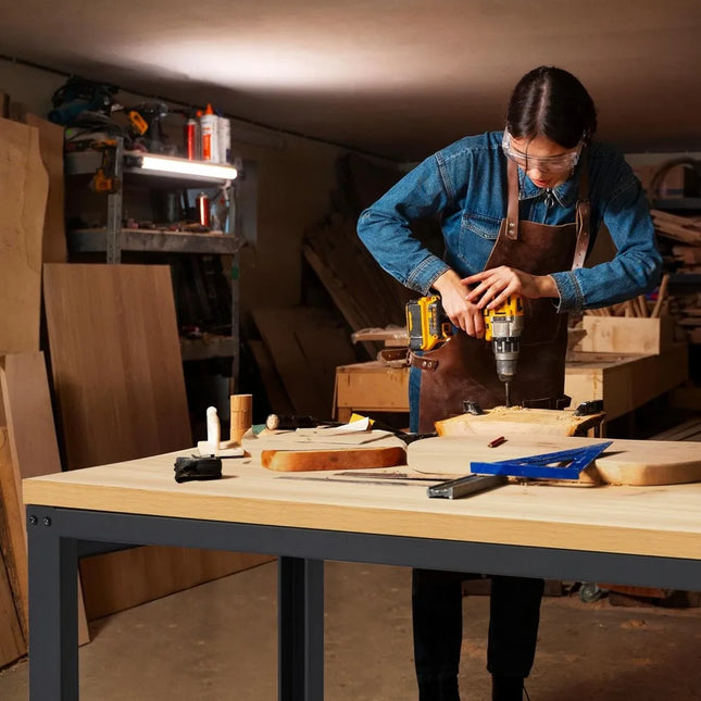 Adjustable Height 60" Wood Workbench with Power Outlets