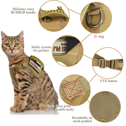 Tactical Cat & Small Dog Harness with Leash – 9 Patch Vest, Adjustable Straps & Handle for Training