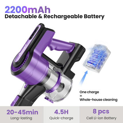 Cordless Stick Vacuum Cleaner – 30KPa Powerful Suction, 8-in-1 Self-Standing Handheld Vacuum, Blue/Purple