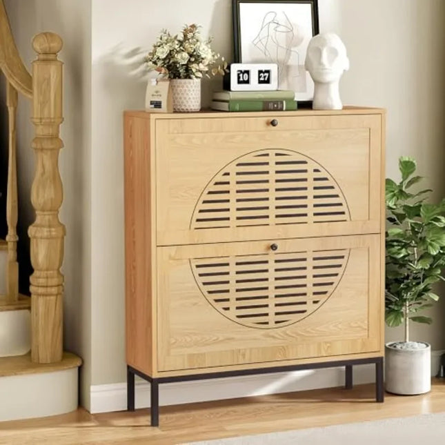 Slim Entryway Shoe Cabinet with 2 Flip Drawers