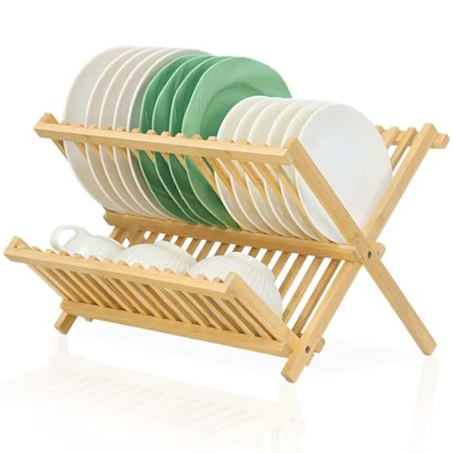 Bamboo 2-Tier Collapsible Dish Drying Rack for Kitchen Counter