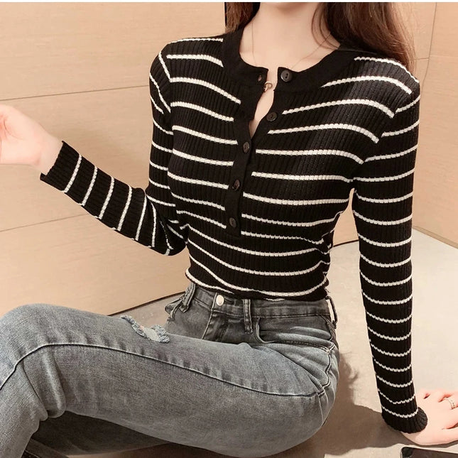 Elegant Slim Fit Striped Knitted Tee for Women – O-Neck Long Sleeve Casual Top