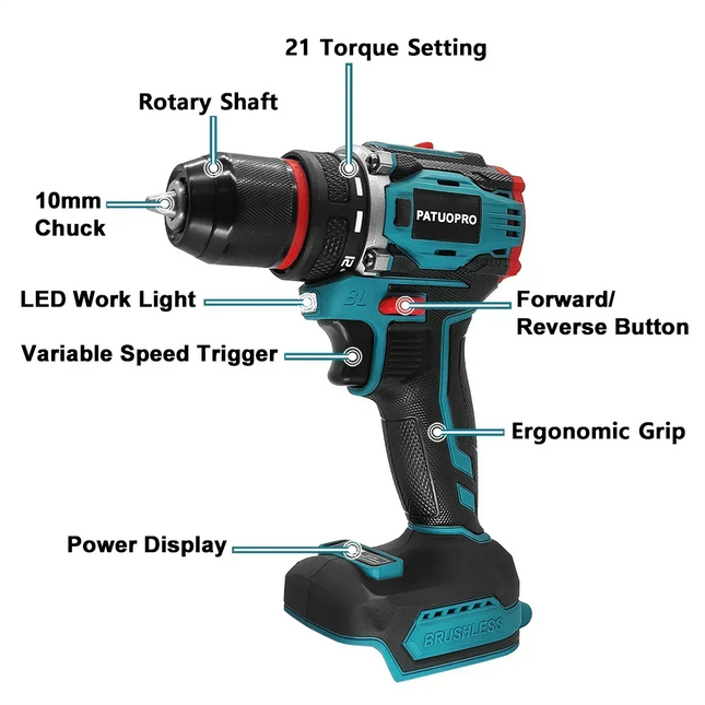 10mm Cordless Brushless Electric Drill – 2-Speed Screwdriver for Home DIY, Compatible with 18V Battery (Battery Not Included)
