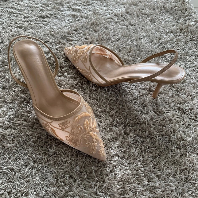 Mesh Embroidered Pointed-Toe Slingback Heels with Beaded Detail