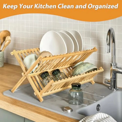 Bamboo 2-Tier Collapsible Dish Drying Rack for Kitchen Counter