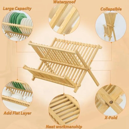 Bamboo 2-Tier Collapsible Dish Drying Rack for Kitchen Counter