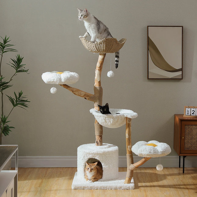 Modern 5-Tier Large Cat Tree Tower with Sisal Scratching Post & Wicker Beds