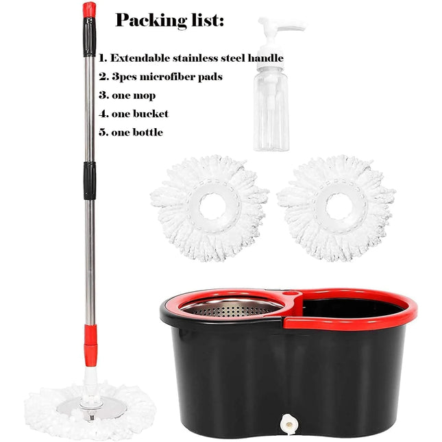 360° Spin Mop Bucket Set with Wring System – 3 Microfiber Heads, Stainless Steel Basket, 61" Extendable Handle, Floor Cleaning