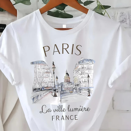 90s Paris Print T-Shirt for Women – Casual Short Sleeve Crew Neck Top