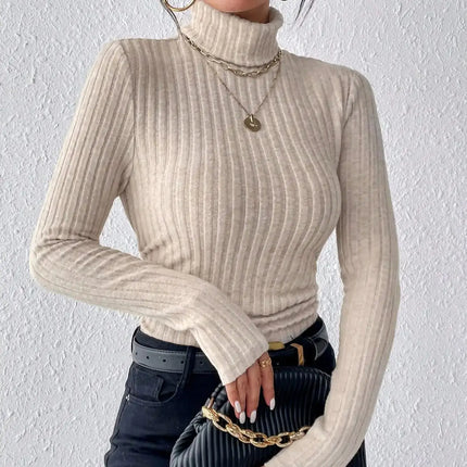 High Neck Ribbed Knit Long Sleeve Top – Comfortable & Stylish Women’s Essential