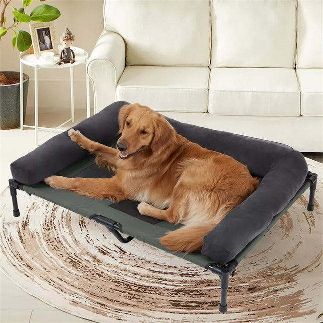 Outdoor Elevated Cooling Dog Bed with Detachable Plush Bolster – Breathable Mesh Pet Lounger for All Seasons