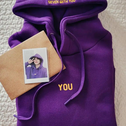 Loose Printed Hoodie "Seven With You" Purple Pullover Sweatshirt