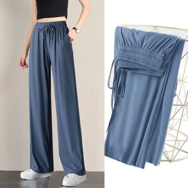 Women’s Ice Silk Summer Pants – High-Waist Elastic Straight Trousers