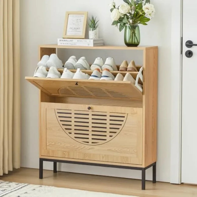 Slim Entryway Shoe Cabinet with 2 Flip Drawers