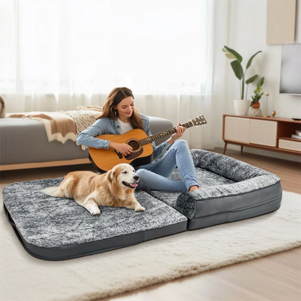 Human-Size Giant Dog Bed – 180cm Foldable Calming Plush Lounger with Orthopedic Foam Support & Removable Cover