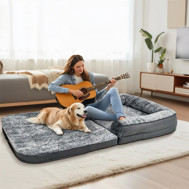 Human-Size Giant Dog Bed – 180cm Foldable Calming Plush Lounger with Orthopedic Foam Support & Removable Cover