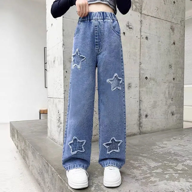 Girls’ Wide-Leg Cargo Jeans – Casual Baggy Denim Pants for Kids