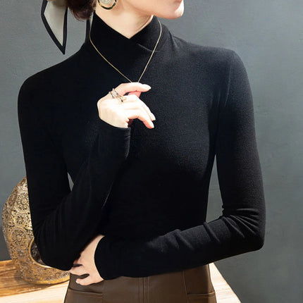 Autumn Winter Fleece Turtleneck Tee for Women – Slim Fit Korean Casual Long Sleeve Top