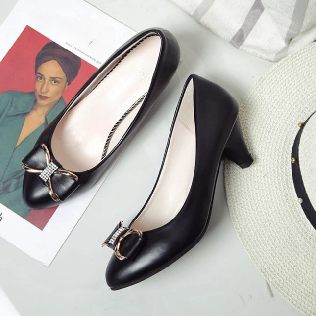 Spring & Autumn Women’s Professional High Heels – Comfortable Slip-On Work Shoes, Low Round Heel, Black/Red Office Pumps