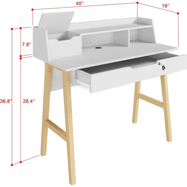 Modern Design Roma Small Desk for Bedroom, 40 inch White Writing Desk with Hutch and Locking Drawer, by Crafts and Comfort