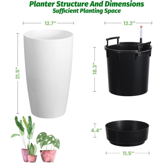 Tall Self-Watering Planter Set (22” – Pack of 2) with Built-In Drainage for Indoor & Outdoor Use