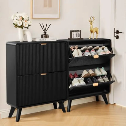 Set of 2 Narrow Fluted Shoe Cabinets