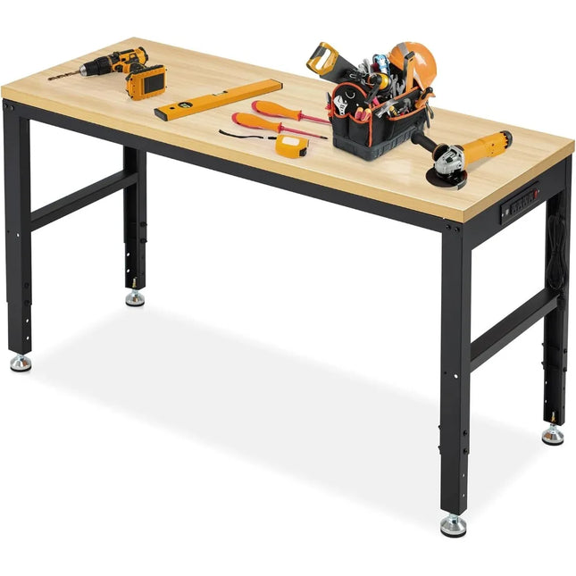 Adjustable Height 60" Wood Workbench with Power Outlets