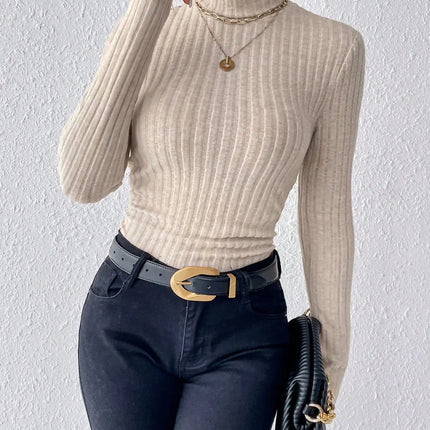 High Neck Ribbed Knit Long Sleeve Top – Comfortable & Stylish Women’s Essential