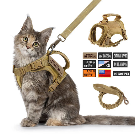 Tactical Cat & Small Dog Harness with Leash – 9 Patch Vest, Adjustable Straps & Handle for Training