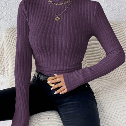 High Neck Ribbed Knit Long Sleeve Top – Comfortable & Stylish Women’s Essential