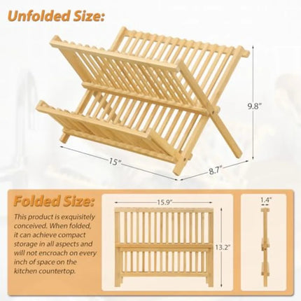 Bamboo 2-Tier Collapsible Dish Drying Rack for Kitchen Counter