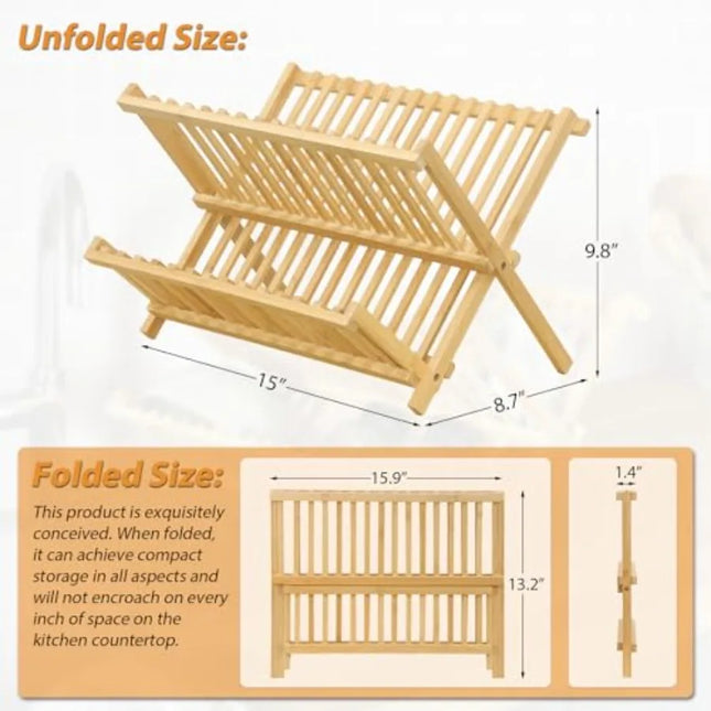 Bamboo 2-Tier Collapsible Dish Drying Rack for Kitchen Counter