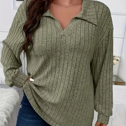 Women's Plus Size Ribbed Long Sleeve T-Shirt – Casual V-Neck Loose Fit 1XL-5XL