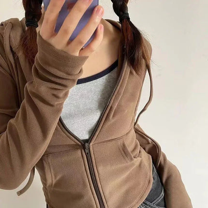 Cropped Zip-Up Hoodie Women Slim Y2K Sweatshirt Autumn Streetwear Hooded Jacket