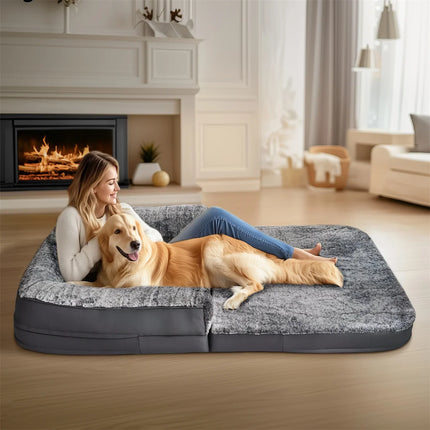 Human-Size Giant Dog Bed – 180cm Foldable Calming Plush Lounger with Orthopedic Foam Support & Removable Cover