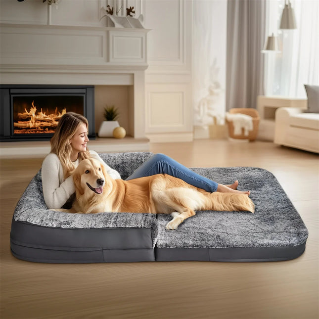 Human-Size Giant Dog Bed – 180cm Foldable Calming Plush Lounger with Orthopedic Foam Support & Removable Cover