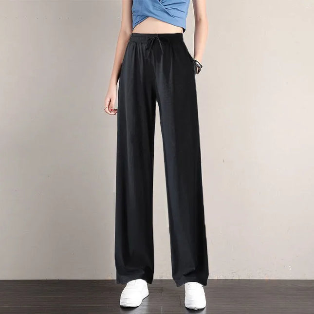 Women’s Ice Silk Summer Pants – High-Waist Elastic Straight Trousers