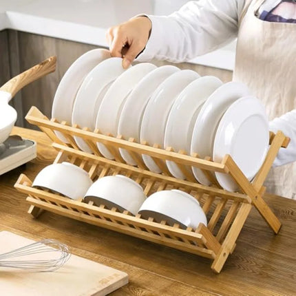 Bamboo 2-Tier Collapsible Dish Drying Rack for Kitchen Counter