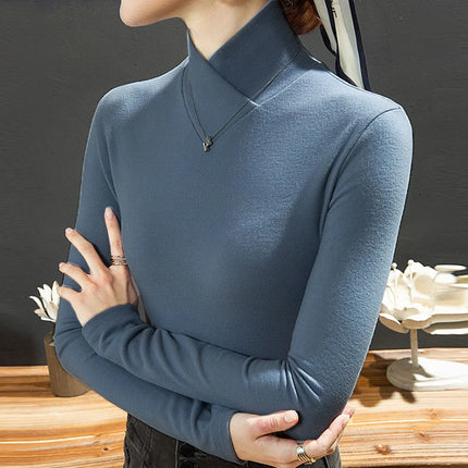 Autumn Winter Fleece Turtleneck Tee for Women – Slim Fit Korean Casual Long Sleeve Top
