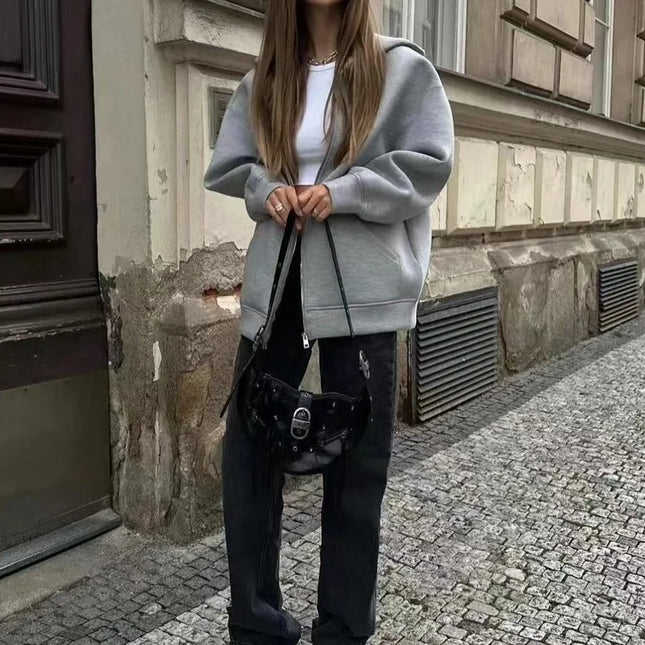 Oversized Casual Zip-Up Hoodie Jacket for Women – Streetwear Loose Fit Pullover