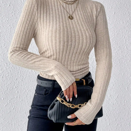 High Neck Ribbed Knit Long Sleeve Top – Comfortable & Stylish Women’s Essential