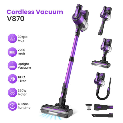 Cordless Stick Vacuum Cleaner – 30KPa Powerful Suction, 8-in-1 Self-Standing Handheld Vacuum, Blue/Purple